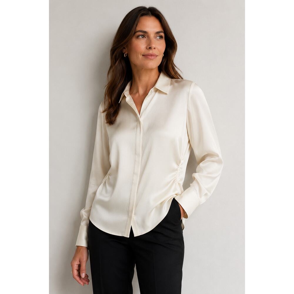 Banana Republic Ivory Satin Blouse Womens 18 NWT Hidden Button Shirred Top